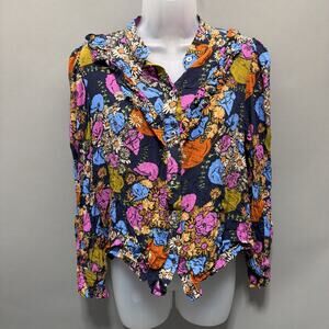 FRNCH Paris Blue Floral Size M Women's Top Button Up Long Sleeve Blouse